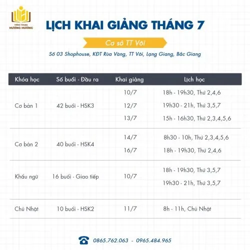 Lịch khai giảng cơ sở Vôi