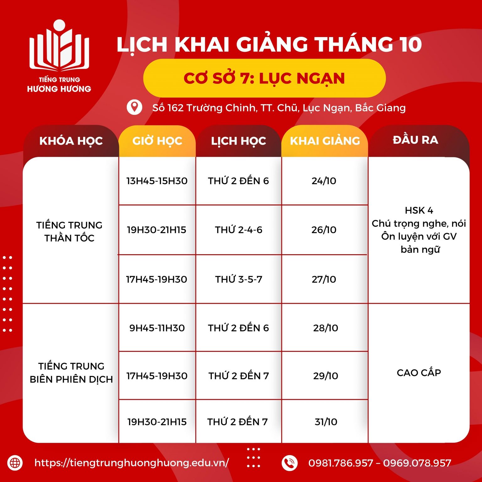 Cơ sở Lục Ngạn - Lịch Khai Giảng Lớp Tiếng Trung Tháng 10