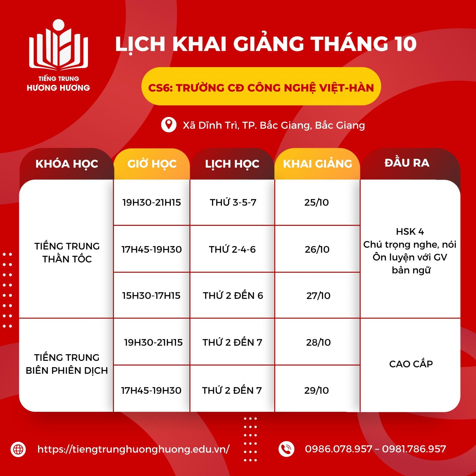 Cơ sở trường Cao đẳng công nghệ Việt Hàn - Lịch Khai Giảng Lớp Tiếng Trung Tháng 10