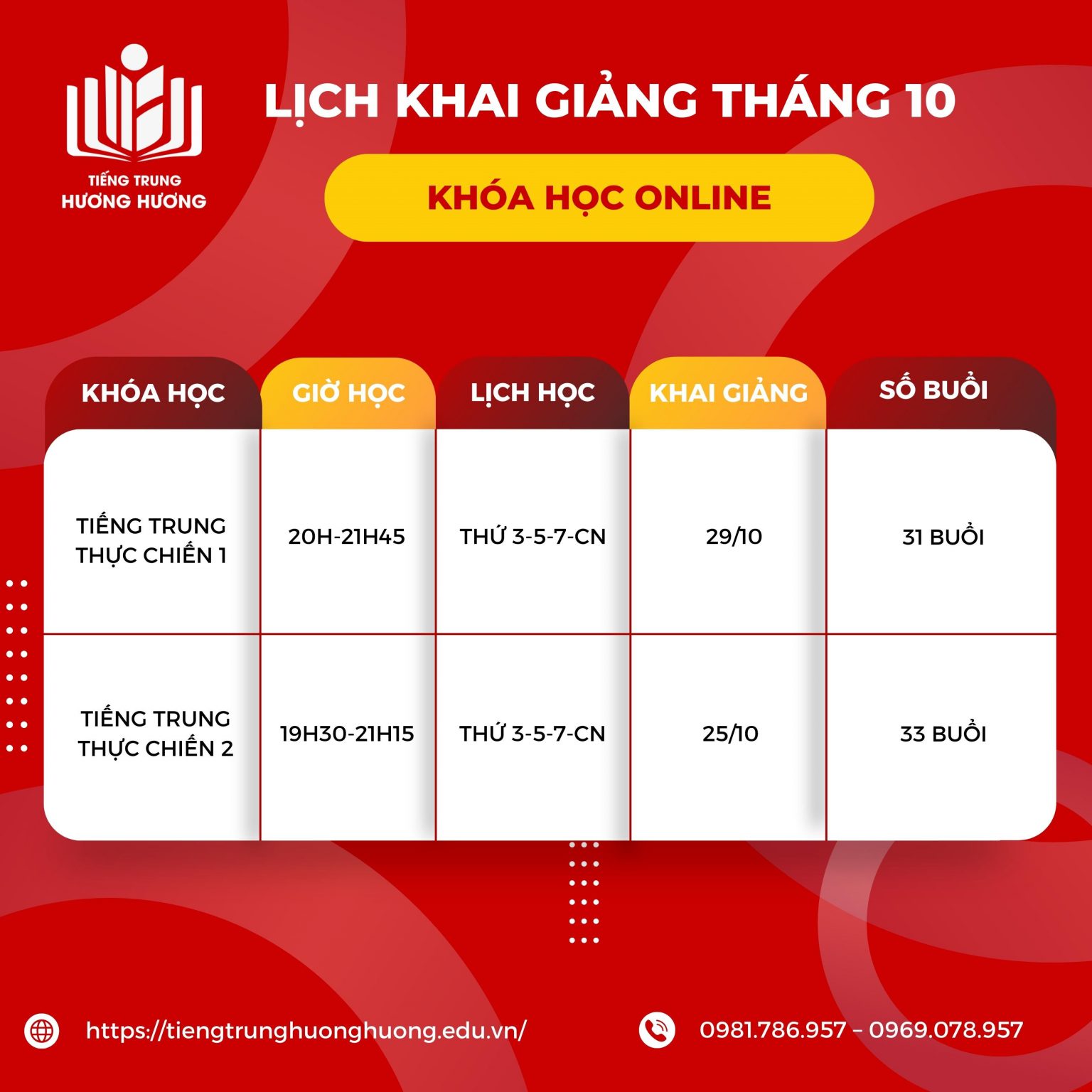 Khoá học tiếng Trung online - Lịch Khai Giảng Lớp Tiếng Trung Tháng 10