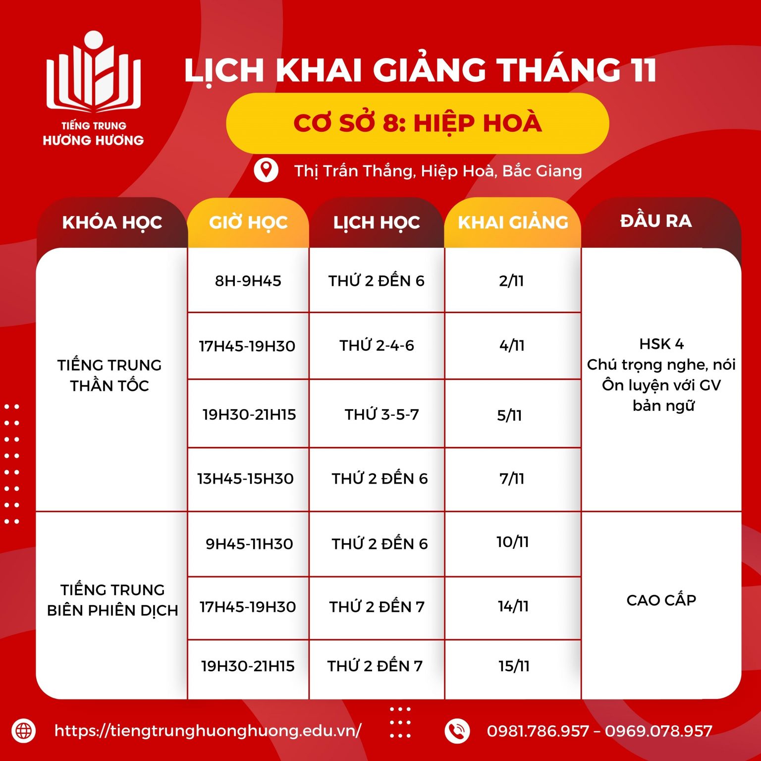 Cơ sở Hiệp Hoà - Lịch Khai Giảng Lớp Tiếng Trung Tháng 10