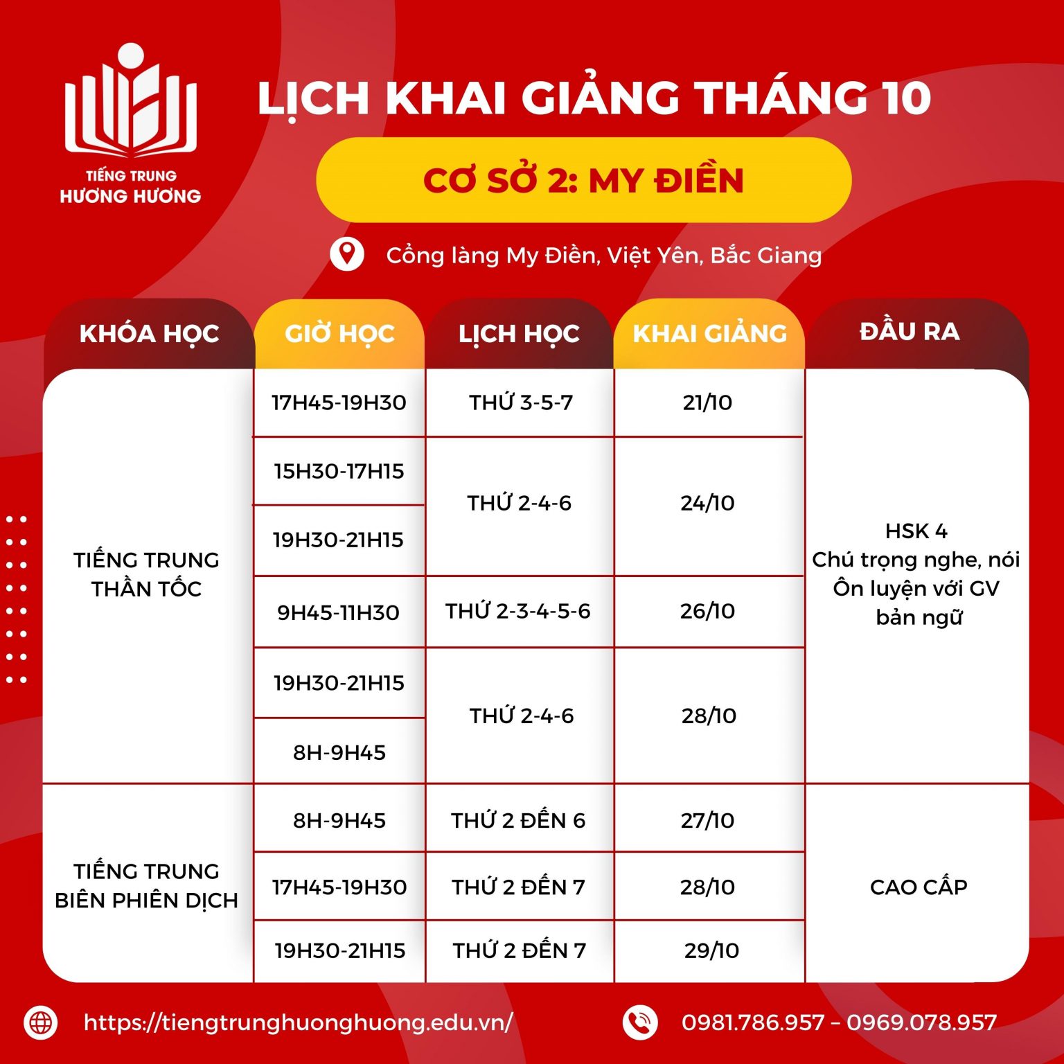 Cơ sở My Điền - Lịch Khai Giảng Lớp Tiếng Trung Tháng 10